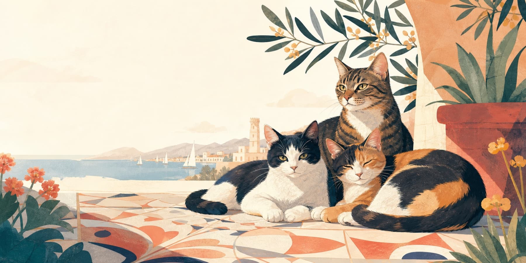 Tres gatos descansando con Vilanova i la Geltrú al fondo